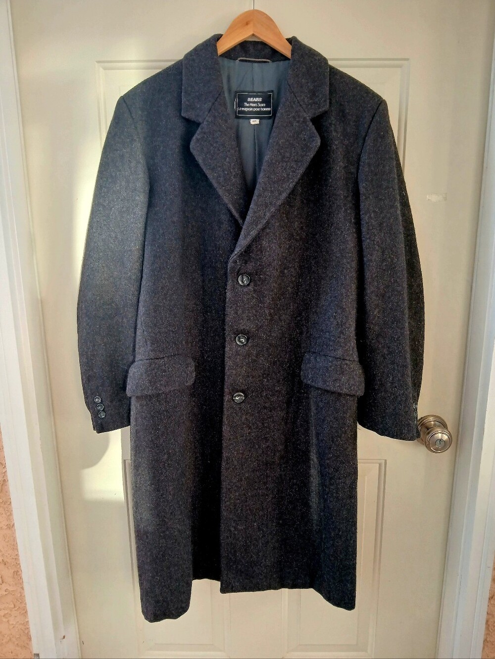Sears Men's Large Long Wool Lined Winter Coat Dark Grey Single Breasted